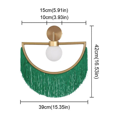 Green fringe semi-circular wall sconce with gold metal frame and frosted glass globe for boho ball pendant light decor