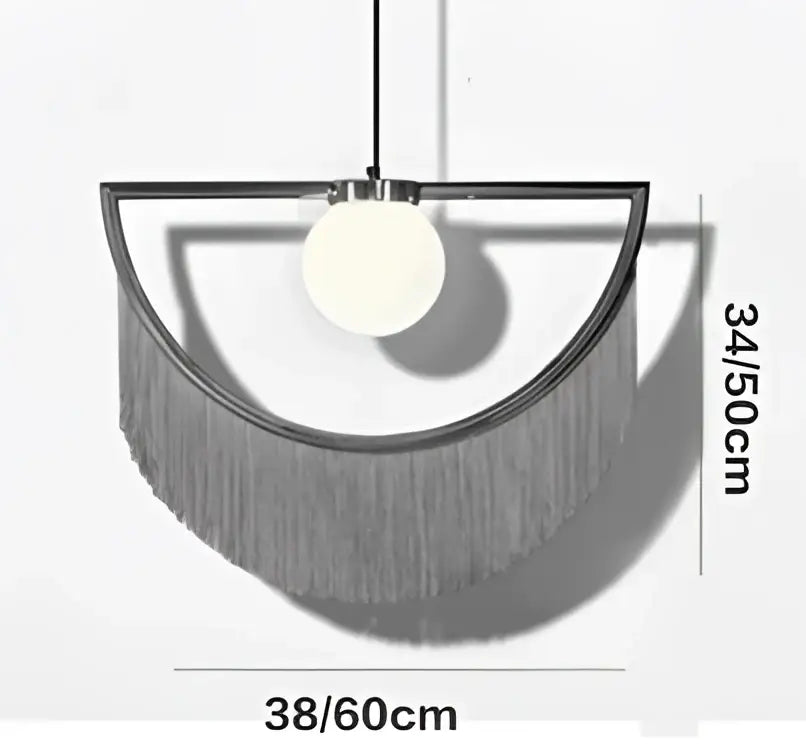 Boho multi color fringe glass ball pendant light with matte black metal frame and frosted globe for bedroom