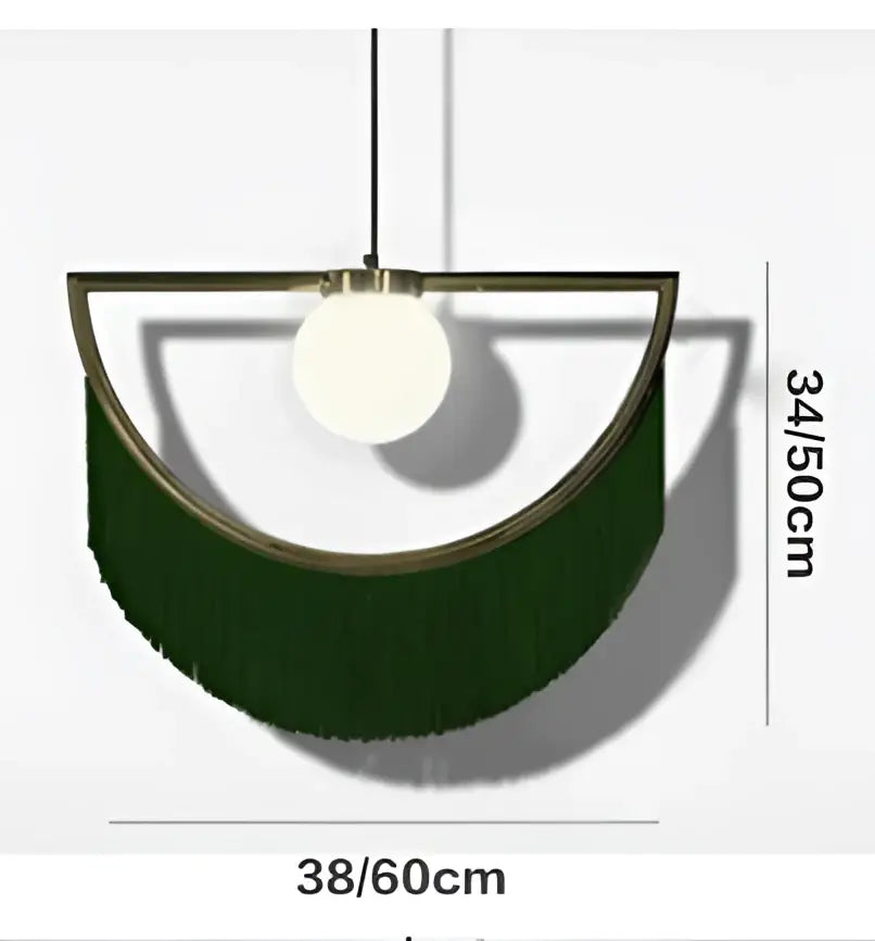 A modern boho pendant light with semi-circular brass frame and dark green fringe glass ball pendant light for bedroom