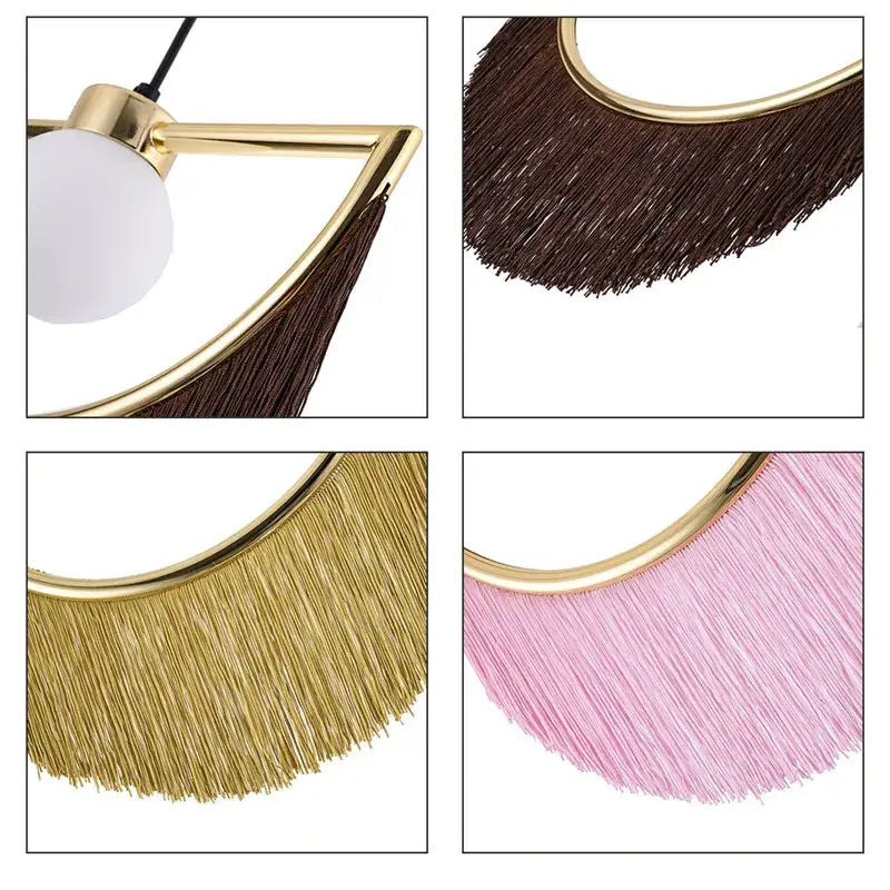 Boho multi color fringe glass ball pendant light with gold metal frame white globe bulb and cascading tassels for bedroom