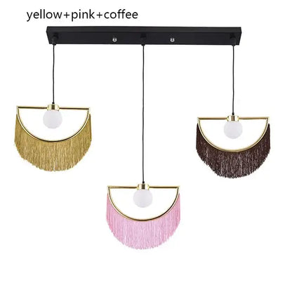 Set of three boho multi color fringe glass ball pendant lights with gold metal frames and tassels for bedroom lighting