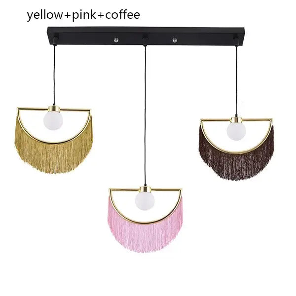 Set of three boho multi color fringe glass ball pendant lights with gold metal frames and tassels for bedroom lighting