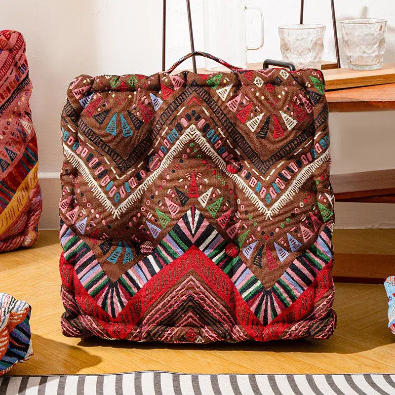 Brown red multicolored geometric embroidered boho square floor pillow with drawstring top for living room seating