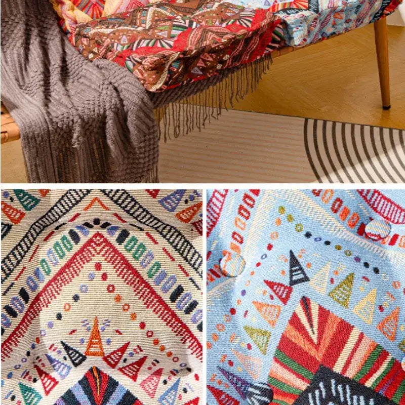 Colorful geometric-patterned woven textile throw blanket with fringed edges for boho square floor pillows seating cushions