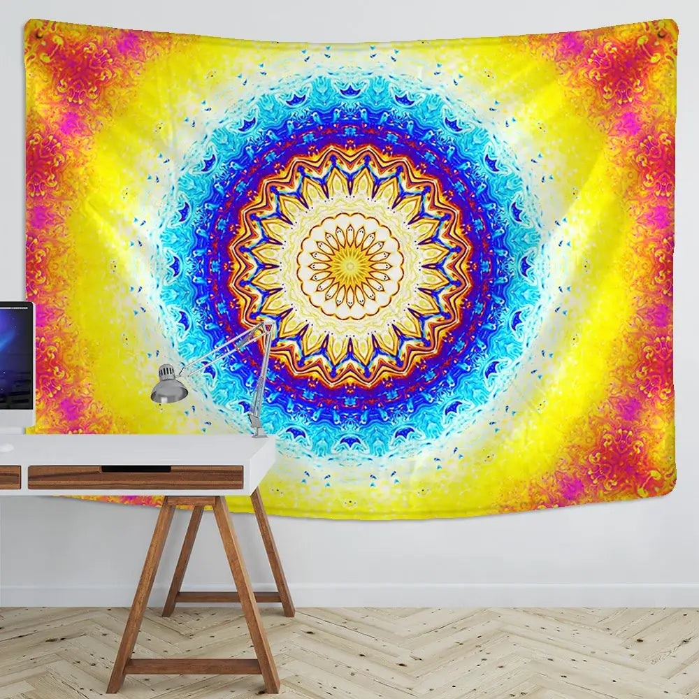 Vibrant boho multicolored indian mandala tapestry with yellow blue and pink hues for bedroom wall decorbites indian mandala