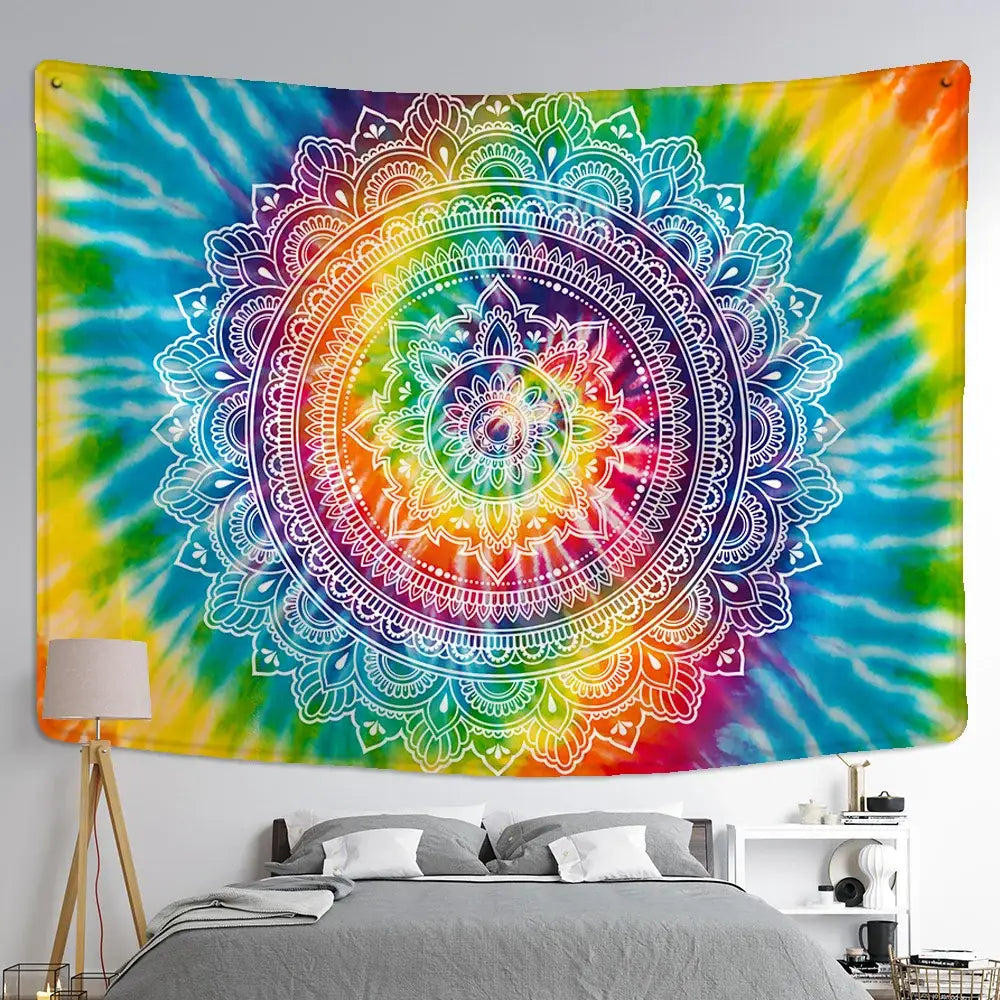 Vibrant rainbow tie-dye boho multicolored indian mandala tapestry with intricate white floral patterns for bedroom wall hanging