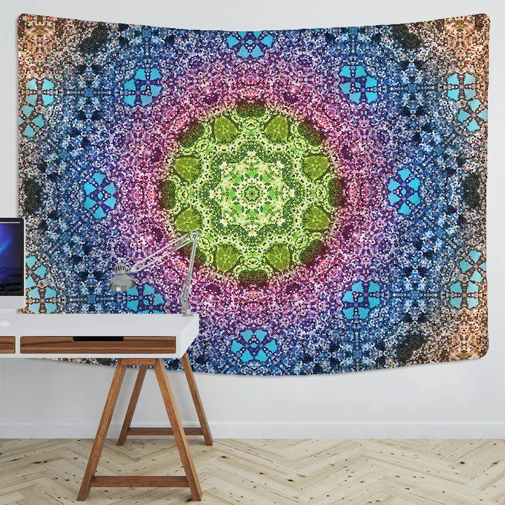 Boho multicolored indian mandala tapestry with vibrant pixelated green center and purple blue hues for bedroom wall decor