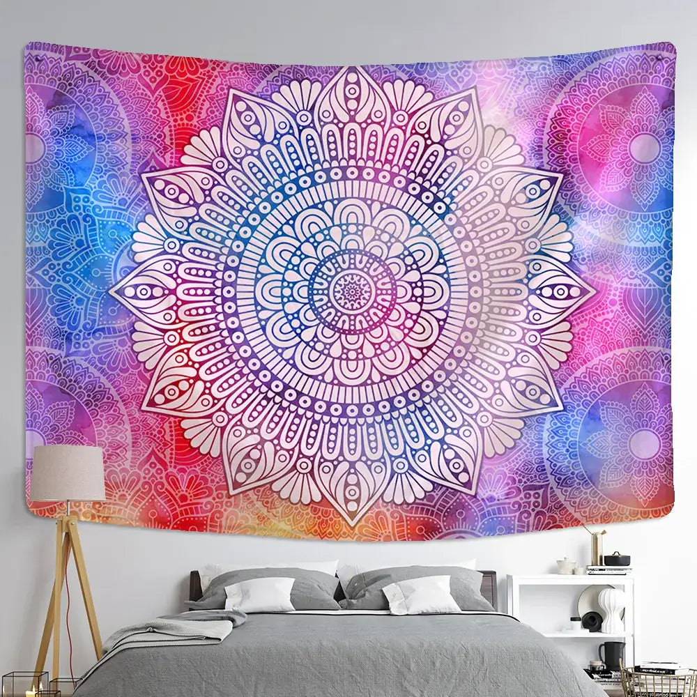 A vibrant multicolored indian mandala tapestry with intricate white line art for boho bedroom wall decor