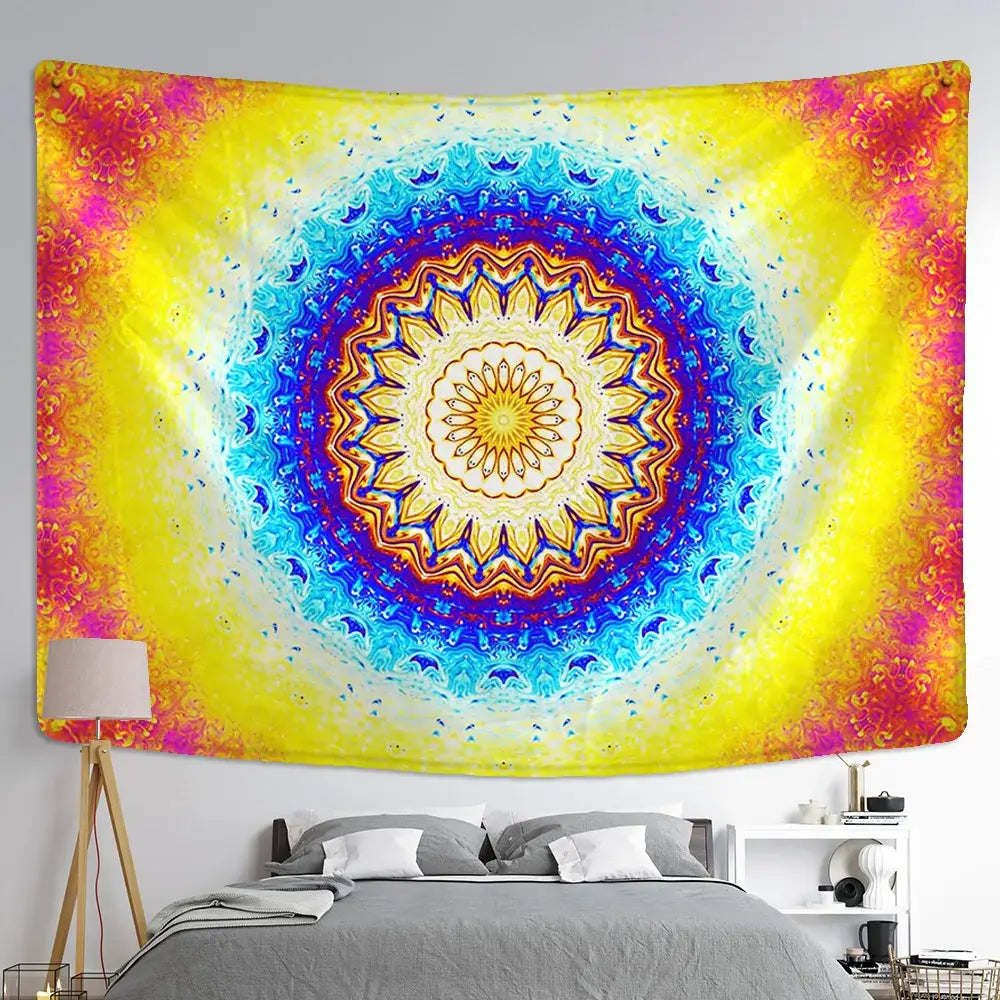Vibrant rainbow-colored boho multicolored indian mandala tapestry hanging above bed for decorbites indian mandala decor
