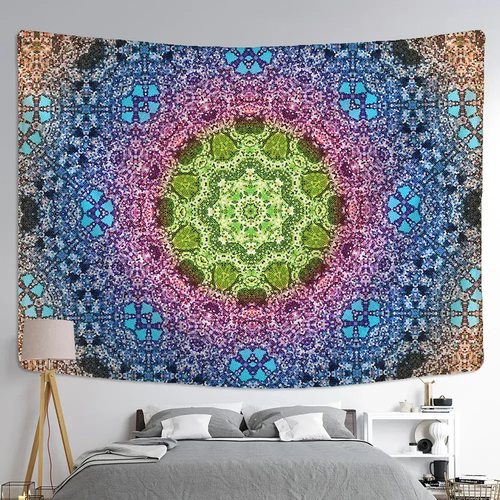 Boho multicolored indian mandala tapestry with intricate geometric patterns and central green focal point for bedroom wall decor