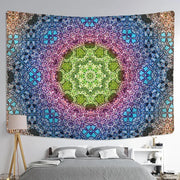Boho multicolored indian mandala tapestry with intricate geometric patterns and central green focal point for bedroom wall decor