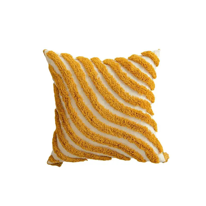 Cozy square boho mustard cushion cover with bold textured geometric tufted embroidered stripes for living room decor