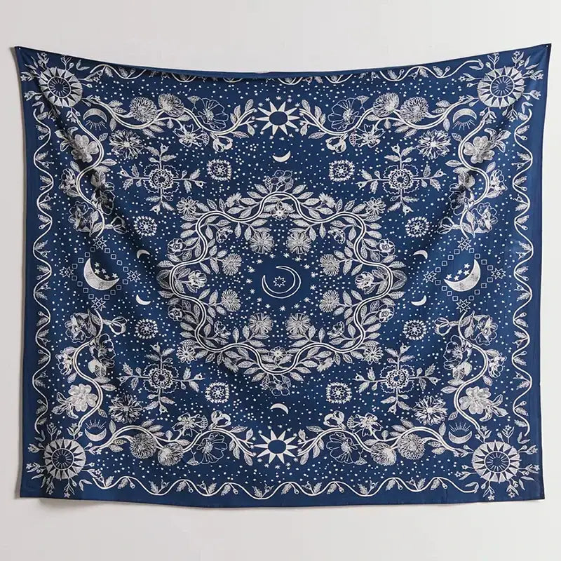 Boho navy blue celestial floral moon phase tapestry featuring intricate white floral and astronomical motifs for decorbites celestial floral wall art