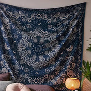 Boho navy blue celestial floral moon phase tapestry with intricate white moons stars suns wall art decorbites celestial floral