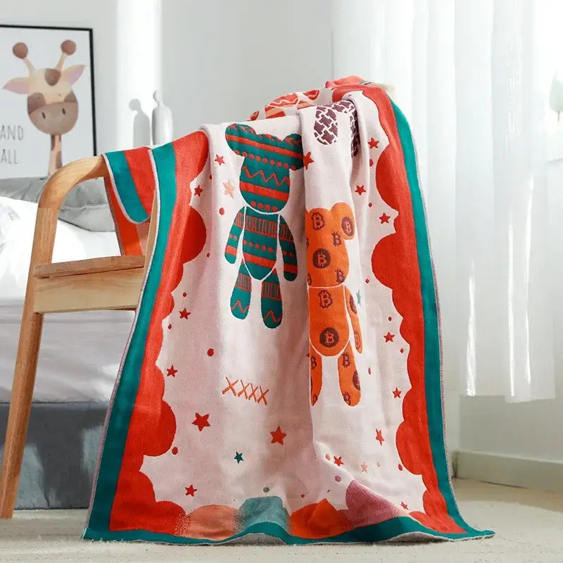 Boho navy and yellow cotton bath towel with plush baby blanket design featuring cartoon bears for bathroom decorbites cotton bath use