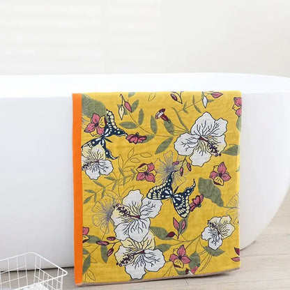 Boho navy and yellow cotton bath towel with floral and butterfly pattern for stylish bathroom decorbites cotton bath use