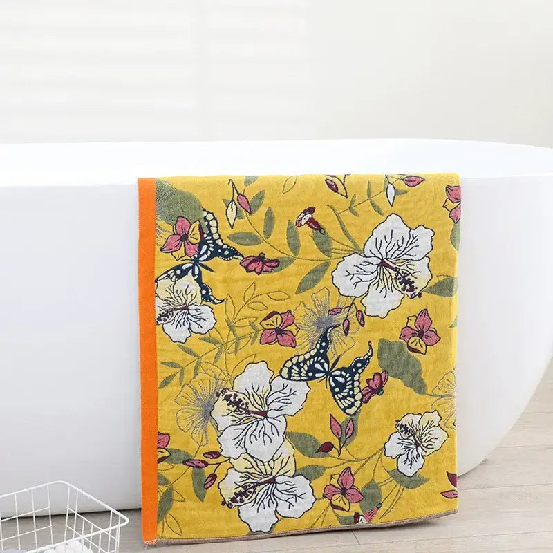 Boho navy and yellow cotton bath towel with floral and butterfly pattern for stylish bathroom decorbites cotton bath use