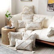 Beige cotton boho nordic tassel pillow case with macramé texture and fringe detailing for bedroom decorbites decor