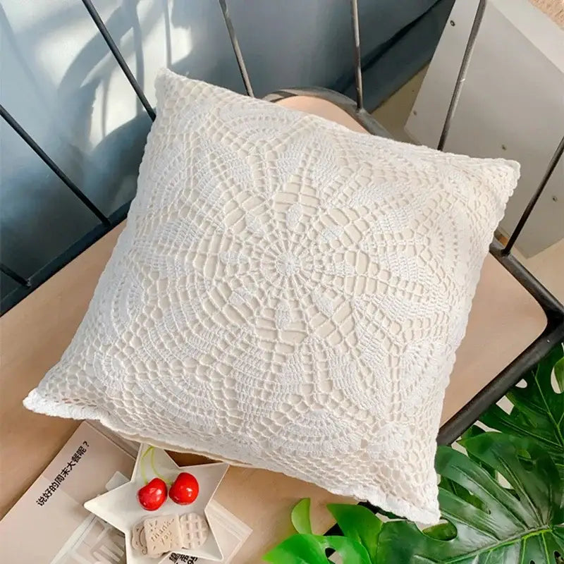 White crochet cushion cover with intricate circular lace pattern boho off-white decorbites crochet cushion for living room decor