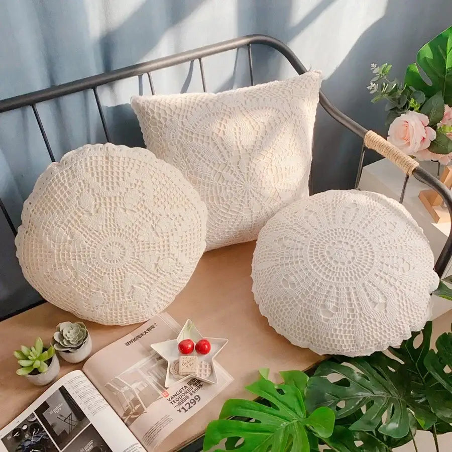 Three off-white crochet cushion covers with intricate circular patterns for boho living room decorbites cushion cover