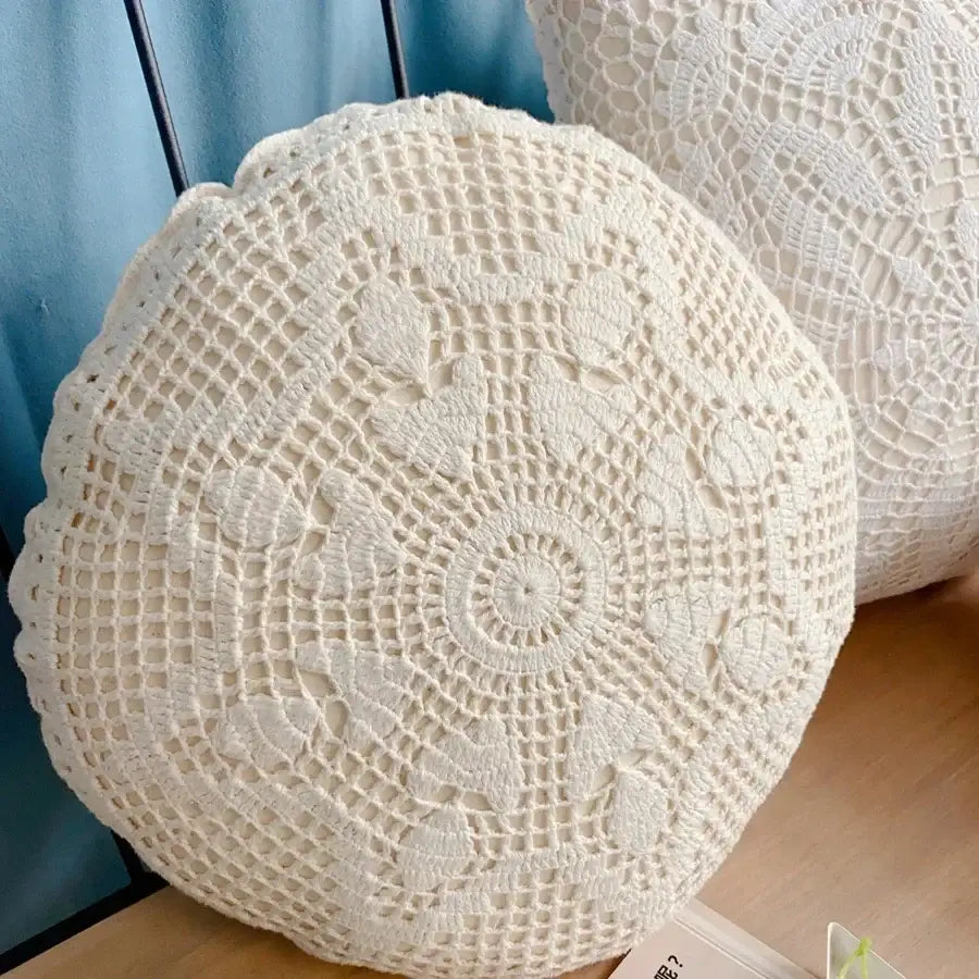 Cream-colored boho off-white crochet cushion cover with intricate lace pattern and floral motifs for living room decorbites crochet cushion