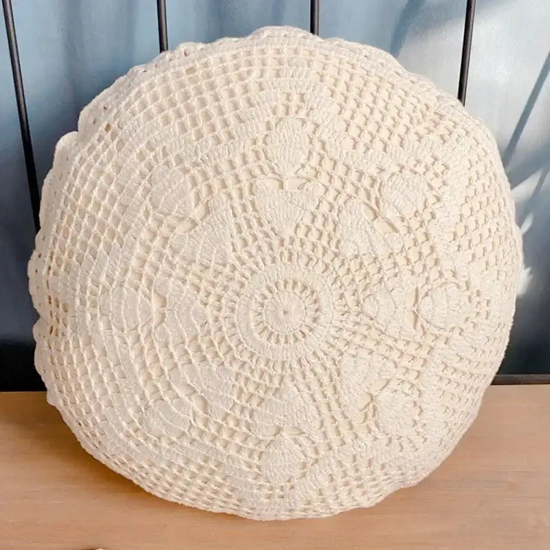 Cream-colored boho crochet cushion cover with intricate lace patterns and scalloped edge for living room decorbites decor