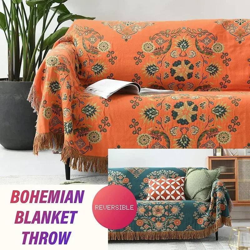 Boho orange and teal floral gauze boho towel blanket reversible throw made of muslin for bedroom decorbites style