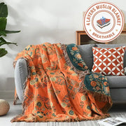 Boho orange and teal floral gauze towel blanket made of four-layer muslin with fringed edges for decorbites gauze boho use