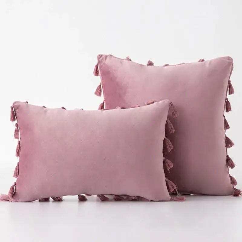 Soft blush pink velvet pillow covers with tassel fringe detail perfect for boho living room home decor