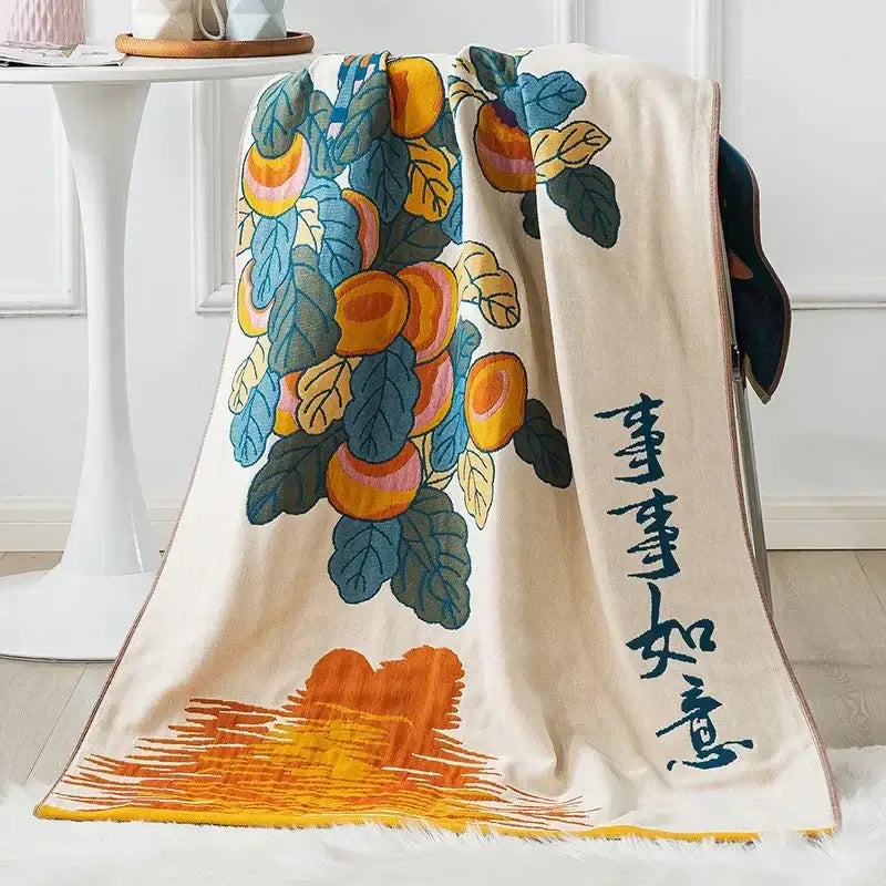 Cream-colored boho patchwork cotton gauze bath towel featuring embroidered apricots and sunset motif for bathroom wrap