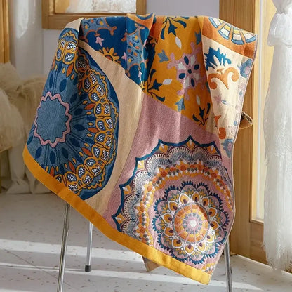 Boho patchwork cotton gauze bath towel with vibrant mandala patterns in blue yellow pink and orange for bathroom wrap