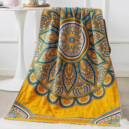 A vibrant yellow velvet bath towel with an intricate multicolored mandala design by decorbites cotton gauze bath wrap