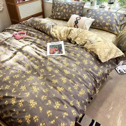 Gray and gold floral patterned satin duvet set from decorbites boho pattern printed cream floral bedding set