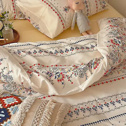 Cream satin duvet cover with intricate red blue and black floral embroidery in decorbites boho pattern printed bedding set