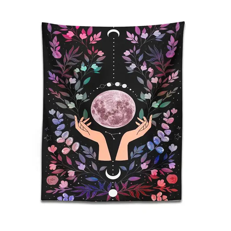 Black boho botanical moon tapestry with central pink moon and vibrant floral celestial motifs for bedroom wall art