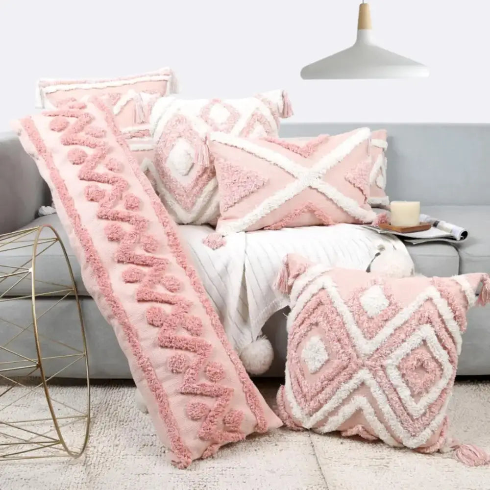 Boho pink geometric pink and white textured tufted pillow covers with tassels for bedroom decorbites boho pink decor