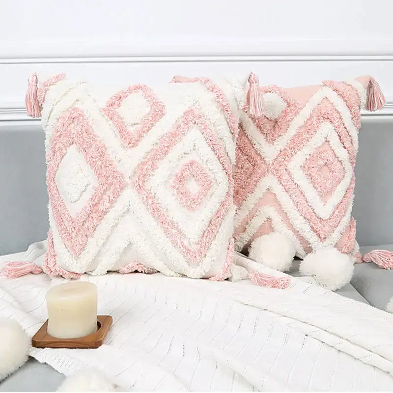 Boho pink geometric pillow covers with pink and white tufted pattern tassels and pom-poms for bedroom decorbites decor