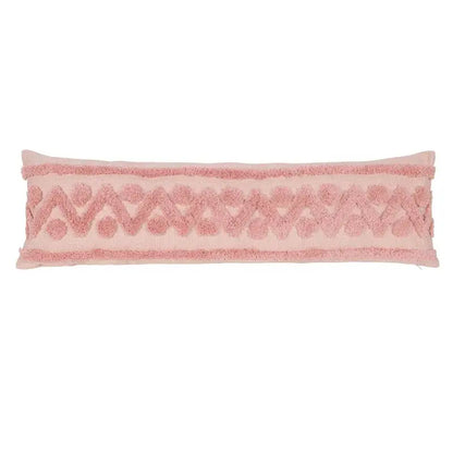 A soft pink boho pink geometric long rectangular pillow cover with textured embroidery and fringed edges for decorbites decor
