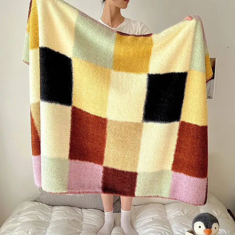 A cozy boho printed blanket with a vibrant patchwork design in earthy tones and a soft fuzzy texture