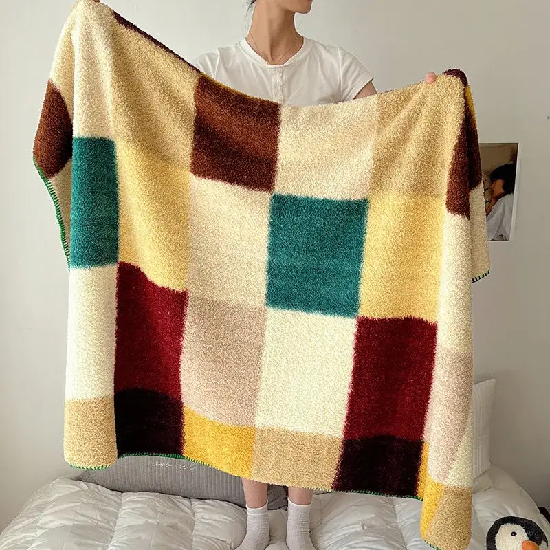 A cozy boho printed blanket with earthy geometric patchwork in cream mustard teal red and brown chunky knit