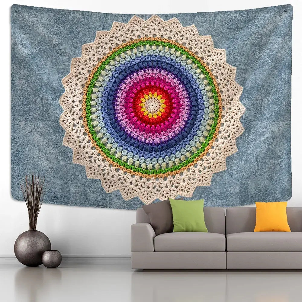 A vibrant hand-crocheted boho indian mandala wall hanging with rainbow colors and cream lace border decorbites indian mandala