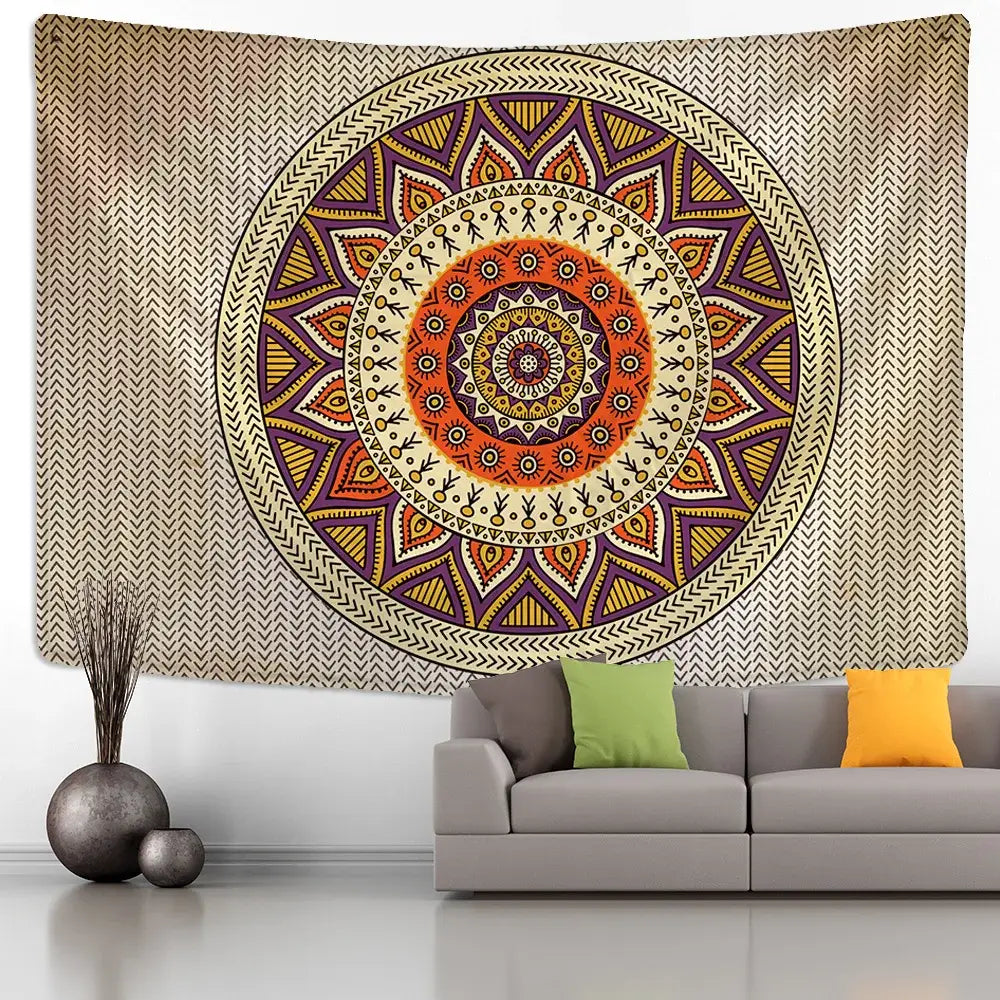 A vibrant boho rainbow indian mandala wall hanging tapestry with intricate orange, purple, and beige geometric patterns