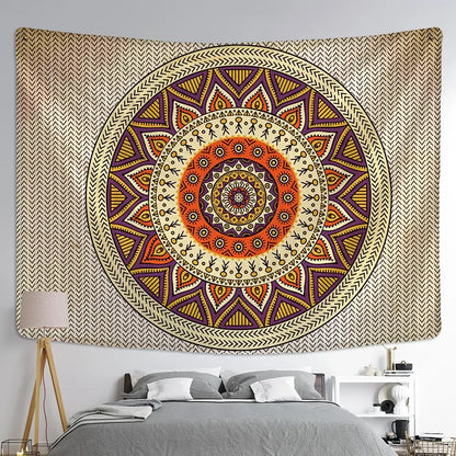A vibrant boho rainbow indian mandala wall hanging tapestry with orange purple and beige geometric lace patterns