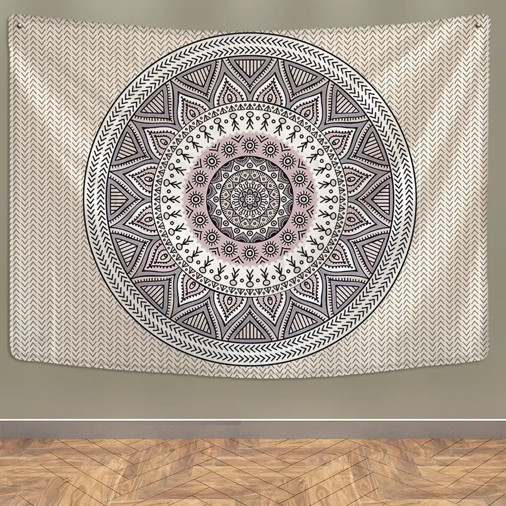 Beige and gray indian mandala wall hanging with intricate geometric patterns for boho bedroom decor by decorbites indian mandala