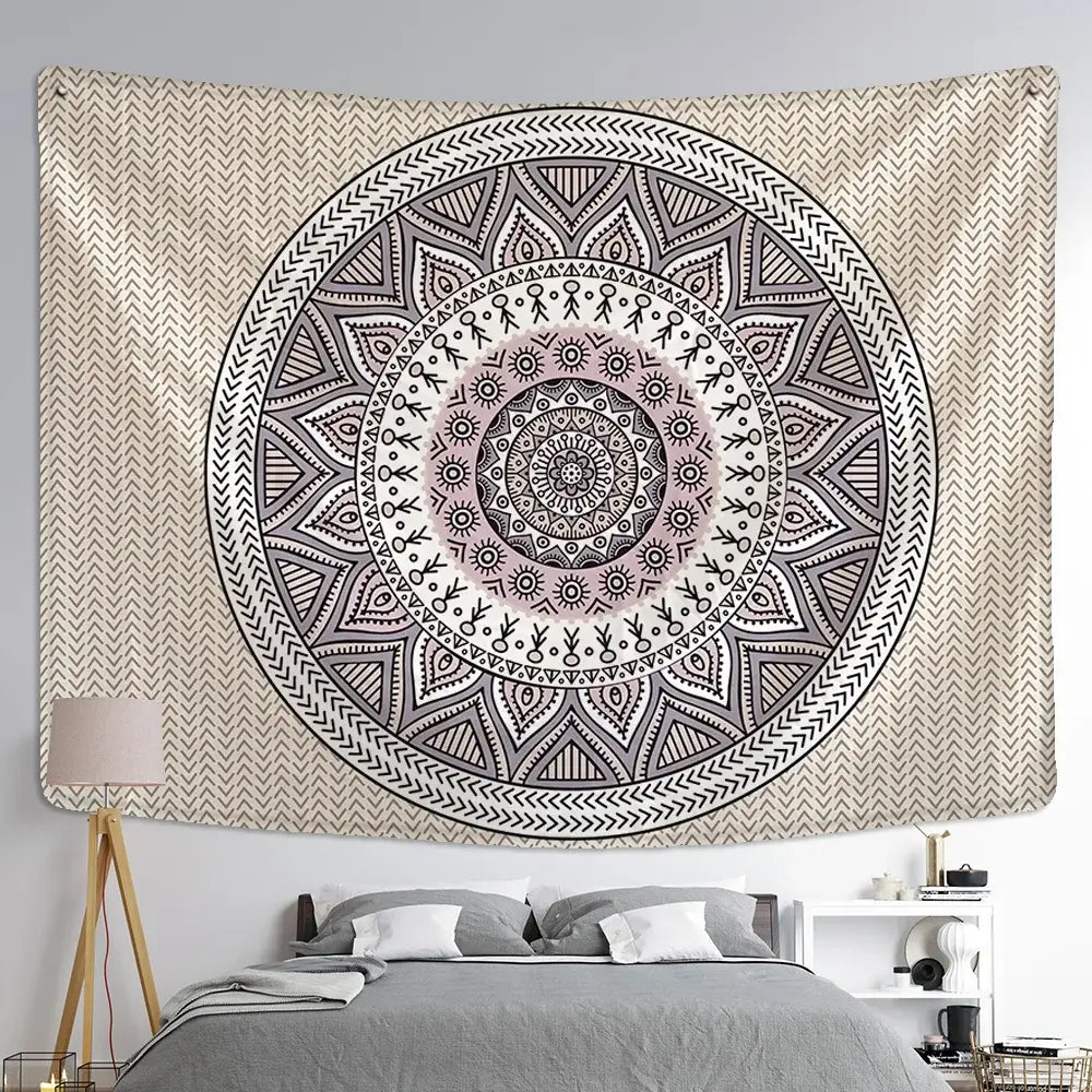 Beige and black lace boho indian mandala wall hanging tapestry with intricate geometric patterns for bedroom decorbites decor