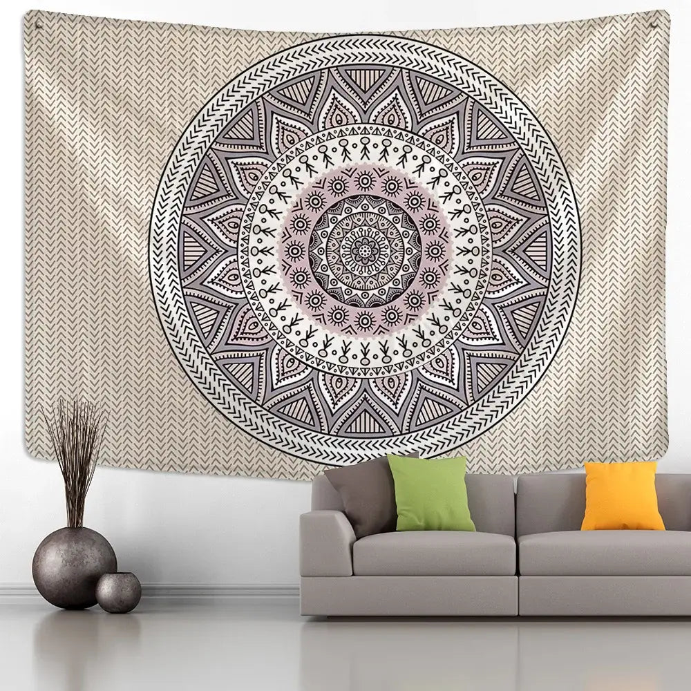 Beige and black indian mandala wall hanging tapestry with intricate geometric patterns for bedroom decorbites decor