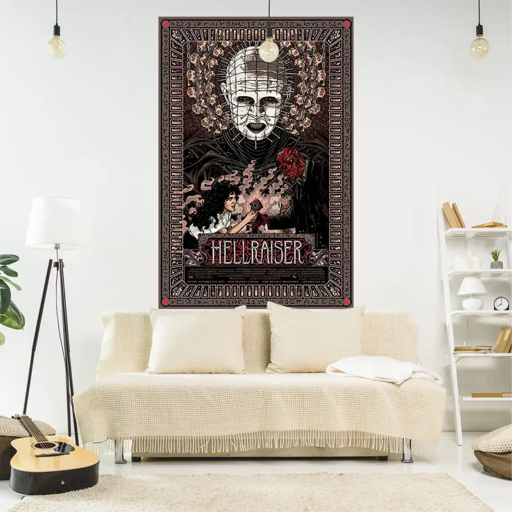 Boho red and blue jack-o-lantern wall tapestry featuring a black and red hellraiser decorbites jack-o-lantern wall design