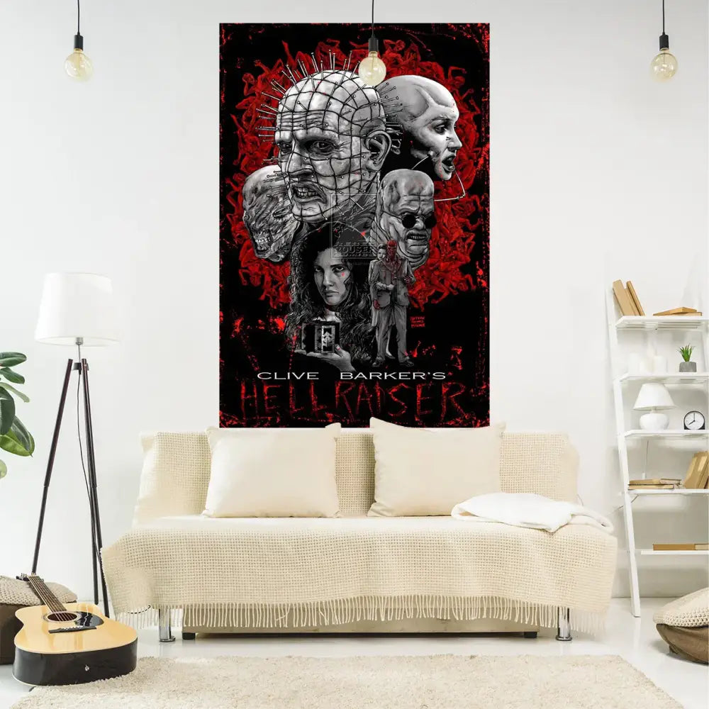 A striking black and red wall tapestry featuring clive barkers hellraiser decorbites jack-o-lantern wall tapestry on white wall
