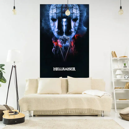 Boho red and blue jack-o-lantern wall tapestry featuring a dark blue hellraiser design with glowing eyes above a beige sofa decorbites wall tapestry