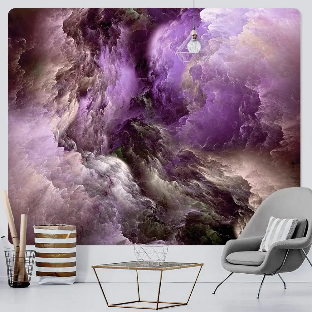 Gray modern armchair with striped pillow and slender metal legs complementing decorbites cloud home tapestry